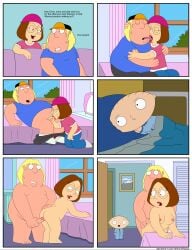 1girls 2boys accurate_art_style barefoot bedroom bending_over big_sister blonde_hair_male blowjob brother_and_sister cap caught caught_in_the_act chris_griffin clothing comic comic_page dialogue doggy_style family_guy glasses half-closed_eyes headwear incest kissing lipstick little_brother meg_griffin nerdy_female nude nude_female nude_male older_sister overweight pants_down pink_nipples seductive short_hair stewie_griffin sucking_penis tongue venturatheace watching younger_brother