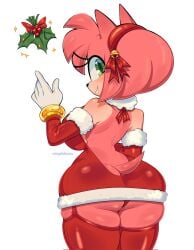 1girls amy_rose anthro ass back_view big_ass big_breasts breasts christmas christmas_outfit clothed clothing female female_only fur furry furry_only green_eyes hairband ichig8miruku legwear looking_back pink_body revealing_clothes sega smile solo sonic_(series) sonic_the_hedgehog_(series) standing tail thick_thighs thighhighs thighs