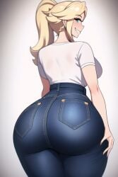 ai_generated ass_focus bimbo blonde_hair blue_eyes curvy curvy_figure gigantic_ass high_waisted_pants huge_ass huge_breasts jeans looking_at_viewer mario_(series) nai_diffusion nintendo ponytail princess_rosalina seductive_smile shiny_hair stable_diffusion thick_ass thick_thighs tight_pants voluptuous white_shirt