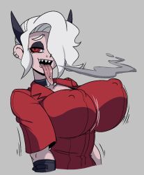 helltaker huge_breasts long_tongue nipple_bulge open_mouth piercing reiduran reisartjunk tongue_out zdrada_(helltaker)