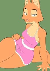 anthro bedroom_eyes breasts diane_foxington ear_tuft eyebrow_piercing fox furry green_eyes hand_on_hip hotpants looking_at_viewer orange_fur pink_clothing sports_bra tail the_bad_guys thick_thighs toonarscontent wide_hips