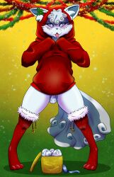 1girls absurd_res alolan_form alolan_vulpix anthro blue_eyes blush bodily_fluids christmas clothing egg egg_laying female female_only genital_fluids gettingeggywithit hi_res holidays legwear looking_at_viewer nintendo pokemon pokemon_(species) pokemon_only pokemorph pussy_juice regional_form_(pokemon) shiny_pokemon shiny_vulpix solo spread_legs spreading standing tongue tongue_out vulpix white_body