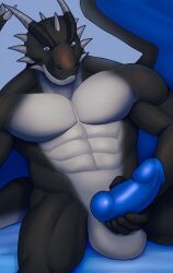 abs animal_genitalia anthro balls black_body black_scale black_skin blue_eyes blue_penis blue_wings dargor dragon erection genitals hi_res holding_penis horn knot looking_at_viewer male marsel-defender muscular muscular_anthro muscular_male nude pecs penis presenting presenting_penis rashkar scalie simple_background sitting smile solo spikes western_dragon white_body white_skin wings