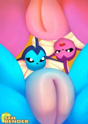2022 2girls absurd_res blue_body dotted_background duo eeveelution female female/female female_only generation_1_pokemon genitals hi_res lesbian multiple_girls nintendo pattern_background pink_body plump_labia pokémon_(species) pokemon pokemon_(species) pussy sadflowerhappy shiny_pokemon simple_background tagme vaporeon watermark