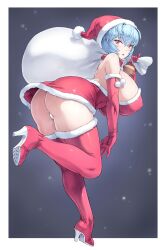 1girls ass big_ass big_breasts blue_hair blush breasts christmas christmas_2022 christmas_outfit eye_contact female female_only high_heel_boots huge_breasts looking_at_viewer mogudan neon_genesis_evangelion panties red_eyes rei_ayanami revealing_clothes santa_hat solo thick_thighs thighs white_panties