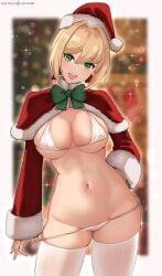 1girls bikini blonde_hair breasts christmas cleavage fate/grand_order fate_(series) female green_eyes hat hioyami hips huge_breasts large_breasts nero_claudius_(fate) santa_hat slim_waist smile solo thick_thighs thighs white_bikini wide_hips