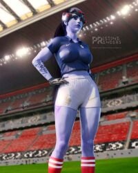 1girls 3d big_breasts blizzard_entertainment breasts female female_focus female_only fifa football large_breasts midriff overwatch pristinerenders purple_hair purple_skin shorts soccer solo solo_female solo_focus tattoo thick_thighs widowmaker world_cup yellow_eyes