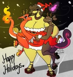 3girls anthro belly big_breasts breasts charmeleon christmas female furry hisuian_form hisuian_typhlosion holidays milf nerdyreindeer nintendo pokemon pokemon_(species) salazzle scalie typhlosion