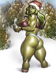 1girls 2022 ass big_ass big_breasts bra calves christmas curvy dat_ass female female_only green_body green_eyes green_hair green_skin hot_cocoa huge_breasts hulk_(series) large_breasts long_hair looking_at_viewer looking_back marvel marvel_comics muscular muscular_female panties ph rear_view santa_hat she-hulk smiling snow solo solo_female thick_thighs thighs trees