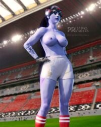 1girls 3d big_breasts blizzard_entertainment breasts casual_nudity casual_topless female female_focus female_only fifa football large_breasts overwatch pristinerenders purple_hair purple_skin shorts soccer solo solo_female solo_focus tattoo thick_thighs widowmaker world_cup