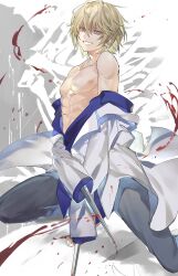 abs barefoot bishonen bishounen blonde_hair blood blue_eyes doctor hanafusa_hajime k_shisyo kengan_(series) kengan_ashura labcoat looking_at_viewer male male_only off_shoulder open_clothes open_jacket open_shirt partially_undressed smile solo sword toned toned_male weapon