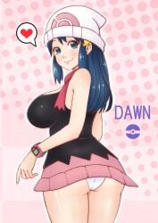 1girls ass back_view big_breasts blue_eyes blue_hair blush breasts dawn_(pokemon) female female_only hat human jpeg long_hair misune_art nintendo panties pokemon pokemon_dppt sideboob skirt smile solo spoken_heart standing thick_thighs thighs white_panties