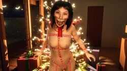 1girls 3d christmas christmas_clothing christmas_outfit christmas_tree demolljok female light-skinned_female mature_female mileena monster_girl mortal_kombat mortal_kombat_11 nightmare_waifu posing sharp_teeth teeth teeth_showing wrapped wraps