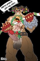 anthro balls bell belt_accessory capreoline christmas_lights clothing deer dialogue erection eyewear festive_clothing fur genitals glasses gloves grin handwear hi_res horn infinite_magicraid male mammal multicolored_body multicolored_fur muscular muscular_male penis randoramble reindeer rudolph_(infinite_magicraid) scar smile solo spikes tattoo two_tone_body two_tone_fur weapon