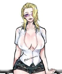 big_breasts blonde_hair blue_eyes cleavage colored_sketch curvy female female_only genderswap_(mtf) hair_over_one_eye hourglass_figure huge_breasts kengan_(series) kengan_omega laksi_kaaaaa looking_at_viewer medium_hair nicolas_le_banner nipple_bulge no_bra open_shirt pink-tinted_eyewear railing red_lipstick rule_63 short_shorts shorts smile solo sunglasses tinted_eyewear white_shirt wide_hips