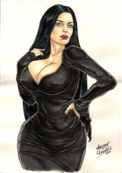 1girls 2022 anilton_freires big_breasts black_hair breasts cleavage clothed_female ed_benes_studio female_focus female_only hi_res highres long_hair looking_at_viewer morticia_addams tagme the_addams_family