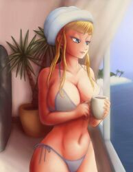 1girls alternate_breast_size beach_house blonde_hair blue_bra blue_eyes blue_panties breasts coffee_cup detailed_background female grabbing_from_behind grabbing_object half-closed_eyes head_tuft home huge_breasts inside lingerie looking_at_viewer looking_in_window metroid morning nintendo pale-skinned_female palm_tree pink_lipstick pinup plant saf-404 saf_404 safartwoks safartworks samus_aran upper_body widescreen