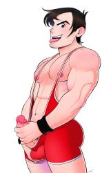 arm_hair balls bara beowulf_(skullgirls) body_hair boner charlie_tooga erection facial_hair male male_only masturbation muscles muscular penis singlet skullgirls solo solo_male tongue_out wrestling_singlet