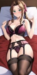 1girls aerith_gainsborough ai_generated anime_lingerie aqua_eyes bed big_breasts breasts brown_hair female female_focus female_only final_fantasy final_fantasy_vii final_fantasy_vii_remake garter_belt garter_straps hair_ornament looking_at_viewer lying lying_on_bed nai_diffusion pale-skinned_female panties pink_lingerie ribbon_in_hair short_hair smile smiling_at_viewer solo square_enix stable_diffusion stockings video_game_character