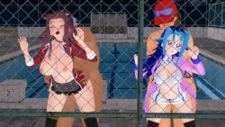 against_fence akiza_izinski blue_hair blush doggy_style female from_behind huge_breasts izayoi_aki kamishiro_rio koikatsu navel nipples nude red_hair rio_kamishiro sex short_skirt underwear yu-gi-oh! yu-gi-oh!_5d's yu-gi-oh!_zexal