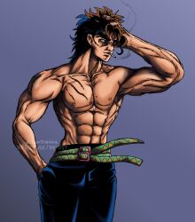 1boy jojo's_bizarre_adventure jotaro_kujo male male_only masculine muscular_male pants_only pectorals shirtless_(male) stardust_crusaders stardust_crusaders_(ova)