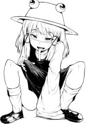 1futa bangs big_penis blush bulge clothed clothing erection erection_under_clothes fully_clothed futa_only futanari hat huge_cock human long_tongue makin_tama penis solo squatting suwako_moriya tenting third-party_source tongue tongue_out touhou