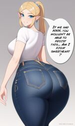 ai_generated ass_focus big_ass big_butt bimbo blonde_hair blue_eyes curvy curvy_figure gigantic_ass high_waisted_pants huge_ass huge_breasts looking_at_viewer nai_diffusion ponytail princess_zelda round_ass seductive_smile shiny_hair speech_bubble stable_diffusion the_legend_of_zelda thick_thighs voluptuous white_t-shirt wide_hips