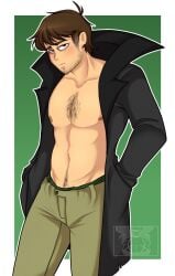 1boy anime_nose artist_logo beard_stubble black_coat body_hair brown_eyes brown_hair cloak edd_(eddsworld) eddsworld eddsworld_future eli_johnson facial_hair future_edd future_edd_(eddsworld) human male male_nipples male_only muscular_male no_visible_genitalia older_male open_shirt shirtless_male suggestive_pose watermark