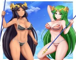 2girls arm_behind_head big_breasts big_thighs bikini black_bikini black_hair breasts chocolate_and_vanilla cleavage dark-skinned_female dark_palutena dark_skin duo eyebrows_visible_through_hair female female_only green_eyes green_hair hand_behind_head kid_icarus light-skinned_female light_skin lips long_hair looking_at_viewer nintendo palutena patdarux striped_bikini thick thick_hips thick_thighs very_long_hair wide_hips yellow_eyes