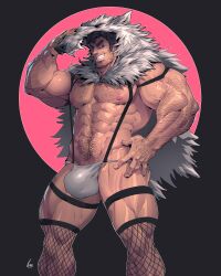 arm_hair bara beowulf_(skullgirls) body_hair bulge facial_hair fishnets luxuris male male_only muscles muscular skullgirls smiling solo solo_male thong underwear