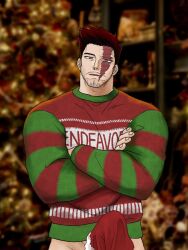 blurry_background boner bottomless christmas christmas_clothing christmas_headwear christmas_tree endeavor_(my_hero_academia) enji_todoroki erect_penis erection erection_under_clothing green_eyes hat_on_penis male_only my_hero_academia red_hair santa_hat scar_across_eye stubble