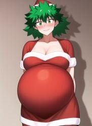 1girls ai_generated big_belly christmas christmas_outfit cleavage dress female_deku genderswap_(mtf) izuku_midoriya my_hero_academia pregnant pregnant_milf ready_to_pop rule_63 tight_clothing