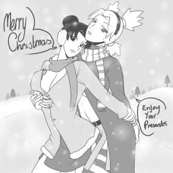 2girls ass ass_grab breast_grab breasts christmas cleavage cloak female female/female female_only greyscale groping mattwilson83 monochrome multiple_girls naruto naruto_(series) naruto_shippuden no_bra scarf speech_bubble temari tenten text underboob yuri