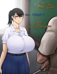 1boy 1girls big_breasts black_hair blue_eyes breasts dialogue dragia3743 english_text female fully_clothed huge_breasts original ponytail school_uniform schoolgirl skirt standing teacher_and_student text thai thai_female veins voluptuous