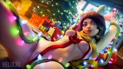 1girls 3d 4k arms_behind_head blender blue_eyes brown_hair christmas fortnite helix3d laying_down partially_clothed skye_(fortnite) spread_legs winter_wonder_skye_(fortnite)