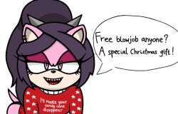 anthro blood blood_in_mouth blood_on_teeth bodysuit bodysuit_under_clothes christmas english_text fangs funny half-closed_eyes implied_castration implied_penectomy looking_at_viewer sharp_teeth sneezingsonic solo sonic_(series) speech_bubble star_the_spineless_hedgehog sweater talking_to_viewer