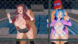 against_fence akiza_izinski blue_hair blush doggy_style female from_behind huge_breasts izayoi_aki kamishiro_rio koikatsu legwear navel nipples nude open_mouth red_hair rio_kamishiro short_skirt sweat underwear yu-gi-oh! yu-gi-oh!_5d's yu-gi-oh!_zexal