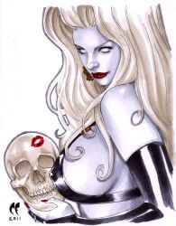 1girls 2011 chaos_comics chris_foulkes coffin_comics curvy_female curvy_figure daikkenaurora death_(personification) erect_nipples female_focus female_only grim_reaper hi_res high_resolution highres lady_death lipstick_mark long_hair looking_at_viewer nipple_bulge nipples_visible_through_clothing queen_of_the_dead seductive_eyes skull_head tagme upper_body voluptuous_female white_background white_sclera