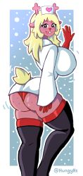 anthro ass blonde_hair blush blush_lines bubble_butt buckteeth christmas deer deer_ears deer_girl deer_tail deltarune female freckles gloves heart-shaped_pupils high_heel_boots hourglass_figure huge_ass huge_breasts hungy noelle_holiday nurse nurse_cap nurse_uniform panties red_gloves reindeer_antlers thick_thighs tongue underwear upskirt wide_hips