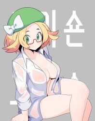 absurd_res bianca_(pokemon) blonde_hair cleavage crossed_legs dammit_(artist) female game_freak glasses green_eyes hat hi_res inner_sideboob open_clothes open_shirt pokémon pokemon pokemon_bw pokemon_bw2 see-through see-through_clothing short_hair solo tagme wet_clothes white_shirt white_skin