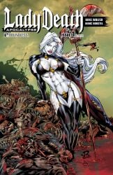 1girls chaos_comics coffin_comics comic_cover curvy_body death_(personification) female_focus grim_reaper highres lady_death latex_garter_straps latex_thighhigh_boots latex_thong long_hair looking_at_viewer queen_of_the_dead renato_camilo scythe seductive_look tagme voluptuous_female white_body white_hair white_sclera