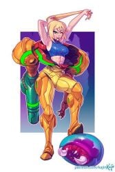 abs adjusting_hair alternate_version_available armor armored_samus blonde_hair blue_eyes casual_outfit_(metroid) female hair_tie_in_mouth kajin_(kajinman) kajinman long_blonde_hair long_hair lowres metroid metroid_(creature) muscular_female nintendo patreon_url power_armor power_suit samus_aran sports_bra varia_suit wink winking_at_viewer