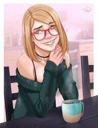 1girls andava andavaverse bare_shoulders brown_eyes brown_hair choker christmas christmas_clothing cup darcy_redd female female_only glasses hot_chocolate long_hair milo_(drink) nestle sitting smile solo sweater upper_teeth