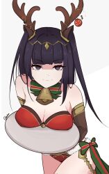 1girls alternate_costume black_eyes black_hair christmas cleavage dinner_plate female female_only fire_emblem fire_emblem_awakening fire_emblem_heroes inviting looking_at_viewer medium_breasts nintendo official_alternate_costume serafineart1001 smile solo tharja_(fire_emblem) tharja_(winter)_(fire_emblem)