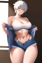 ai_generated alternate_costume big_breasts blue_shirt bra cleavage daisy_dukes denim_shorts expressionless genderswap_(mtf) gintama gintoki_sakata highres hourglass_figure large_breasts messy_hair nai_diffusion narrow_waist open_pants rubycks rule_63 short_hair short_shorts shorts silver_eyes sports_bra stable_diffusion thick_thighs thong toned_female undressing very_short_hair voluptuous white_bra white_hair wide_hips