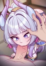 1boy 1girls blowjob blowjob_face fellatio horns league_of_legends light-skinned_female light-skinned_male light_skin male penis pov purple_eyes riot_games silver_hair spirit_blossom_series spirit_blossom_syndra strongbana syndra