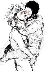 2boys anal anal_sex blush closed_eyes cum cum_inside eustass_kid gay goggles_on_head kissing leg_hair male male_only monochrome one_piece sano_(artist) short_hair sketch standing_sex trafalgar_law yaoi