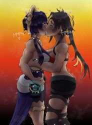 2girls ass big_ass big_breasts big_butt blue_eyes blue_hair blush breasts candace_(genshin_impact) clothed clothing dehya_(genshin_impact) drooling female female_only genshin_impact gold_(metal) grey_hair itzaysel kissing moan moaning muscular muscular_female runny_makeup sweat sweatdrop sweating tears thecoomerartist yuri