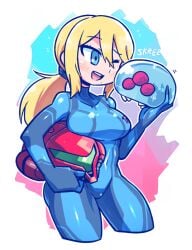 1girls baby_(metroid) blonde_hair blue_clothing blue_eyes bodysuit crap-man holding_helmet metroid metroid_(creature) metroid_samus_returns mother_and_child nintendo one_eye_closed ponytail rariatoo safe_for_work samus_aran sfw smile wholesome zero_suit zero_suit_samus