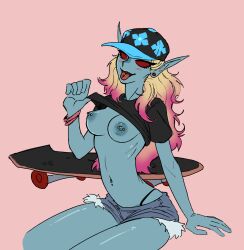 alternate_costume azura_(elder_scrolls) baseball_cap blue_skin breasts daedra female ratopombo skateboard skater the_elder_scrolls